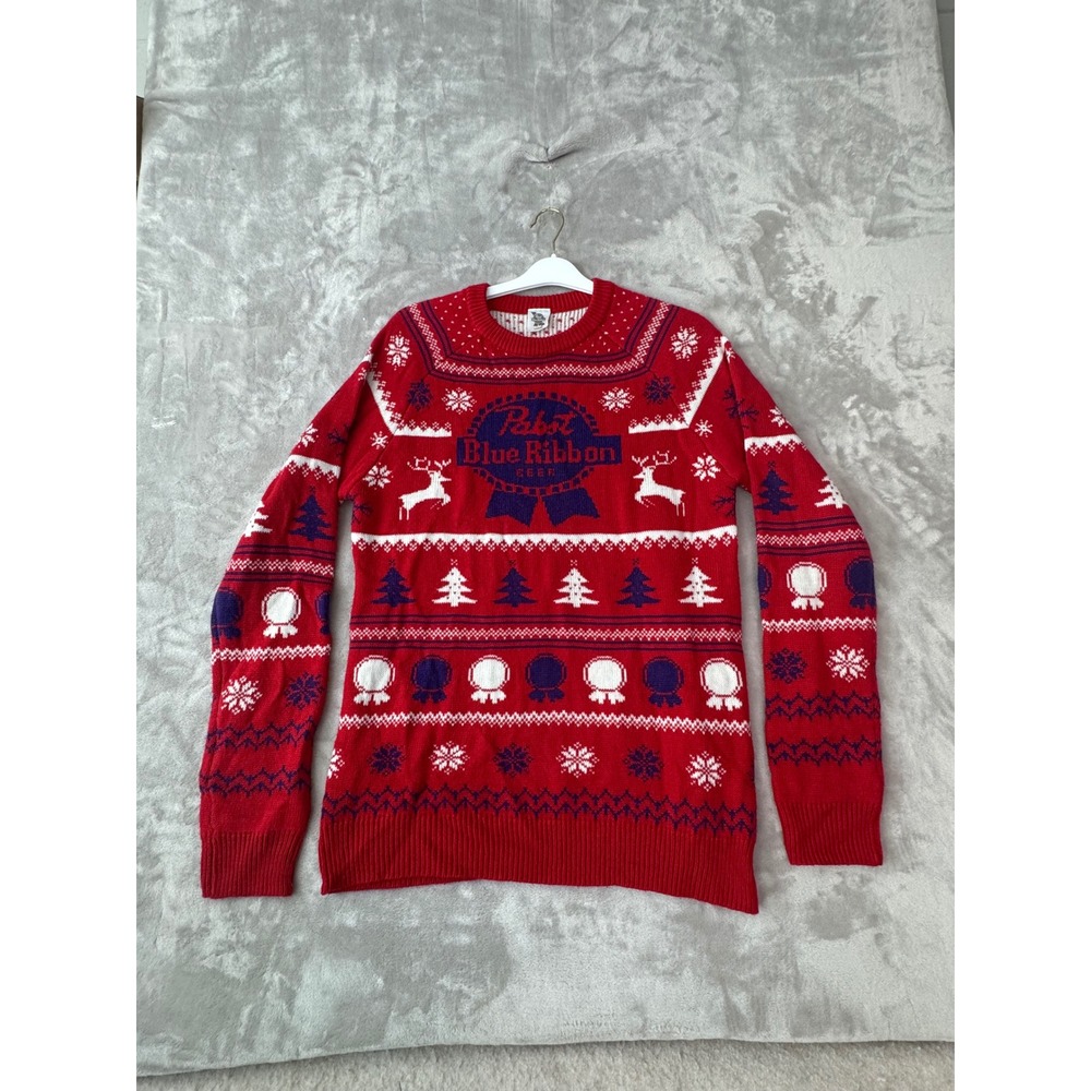 Pabst Blue Ribbon PBR Red Ugly Christmas Sweater Reindeer Fair Isle Knit Large